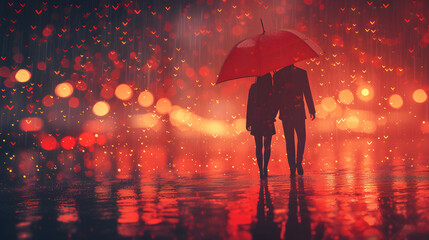 Minimalistic valentines day background with couple walking under rain of hearts, neural network generated