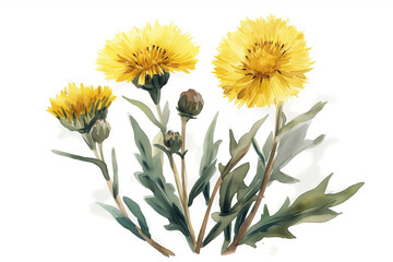 Flower tussilago farfara. Hand drawn watercolor botanical illustration