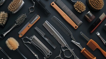 top view of various professional barber tools on black background - obrazy, fototapety, plakaty