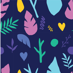 Vector illustration.Seamless pattern of plants twigs leaves. heart. nature.
