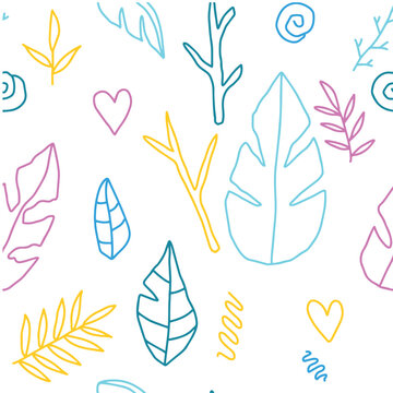 Vector illustration.Seamless pattern of plants twigs leaves. heart. nature.