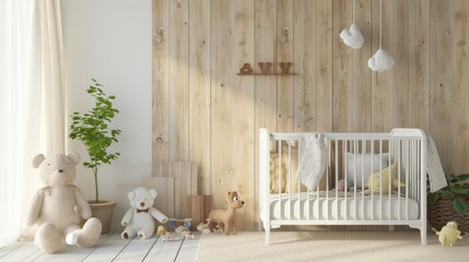 Fototapeta na wymiar Wood empty surface and baby room as background (3D Rendering)