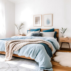 Chambre claire de style scandinave dans les tons de bleu pastel