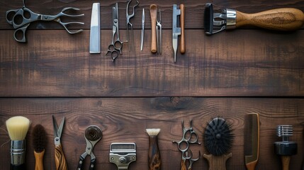 Vintage tools of barber shop on wooden background - obrazy, fototapety, plakaty