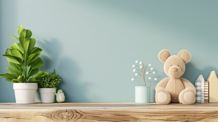 Wood empty surface and baby room as background (3D Rendering) - obrazy, fototapety, plakaty
