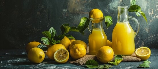 A collection of lemon-related items for cooking and making homemade lemon drinks displayed on a dark background.