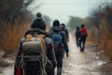 Fototapeta premium A diverse group of hikers, possibly Middle Eastern or Asian, facing inclement weather