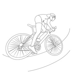 Female Cyclist Riding a Bike on the Road vector outline illustration. Sport woman on a bicycle linear drawing. 
