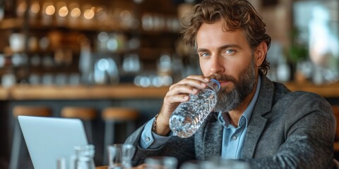 Staying Hydrated While Meeting Deadlines: A Businessman Takes a Thoughtful Break in a Contemporary Cafe Setting, Generative AI