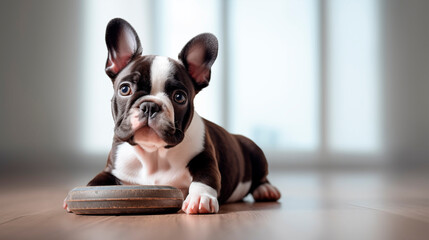 A French bulldog puppy sits on the floor near a toy, light background, empty space. Cute domestic puppy, pet