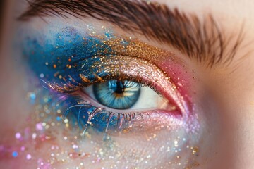 An up-close view of a woman's eye with intricate makeup, emphasizing the fine details of eyeshadow and eyelashes