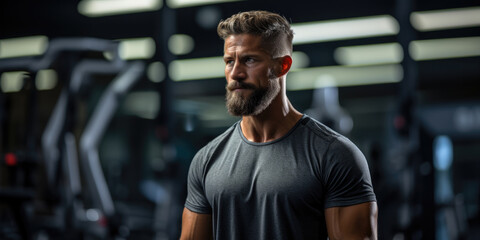 Portrait of a handsome young man in sportswear at the gym A man with a beard stands in a well-equipped gym, ready to engage in physical activities.