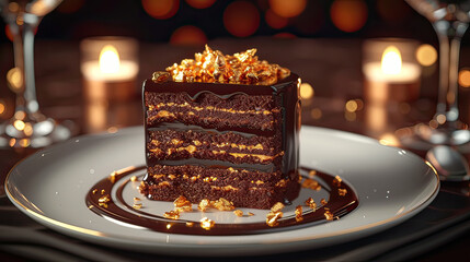 Fototapeta na wymiar Piece of Chocolate Cake on a White Plate A delicious piece of chocolate cake