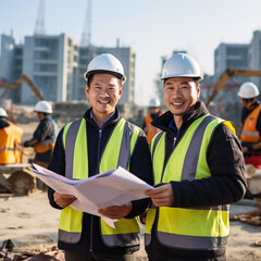 Two Engineer discussing on site building construction holding blueprint