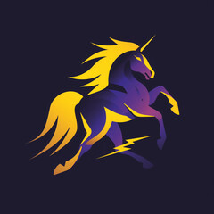 Obraz na płótnie Canvas Icon of an unicorn with lightning. Yellow and purple. AI generated