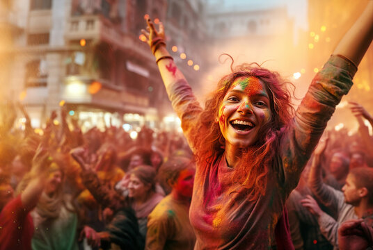 Joyful cheerful laughing teen girl with raised arms at Indian street festival of Holi, adorned with vibrant paint surrounded by crowd. Her happiness reflects the cultural richness of this celebration.