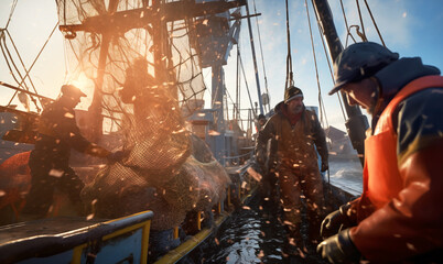 Tired fishermen team working on a trawler boat in the open sea during the evening sunset hours, using wet fishing nets, ropes, and winches. Fishing and angling industry concept image. - obrazy, fototapety, plakaty