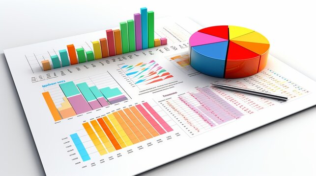 Colorful business statistics, sales, profit, and data analysis concept on white background.