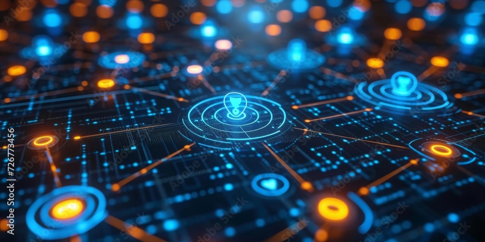 Poster Digital Nexus: Intricate Network of Glowing Connections and Nodes Symbolizing Advanced Cyber Connectivity and Data Exchange, Generative AI