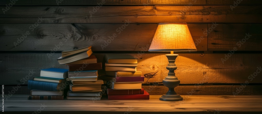 Poster books on a wooden table illuminated by a lamp