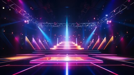 Colorful modern futuristic concert stage with dynamic neon illumination. Modern Night Club. Concept of virtual reality events, futuristic concerts, and high tech stage design.