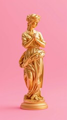 Shiny golden female figure sculpture on solid pink backdrop. Concept of classical art, luxury decor, sculpture, golden statue, artistry, elegance. Vertical format