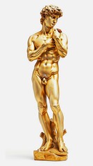 Gold statue of a man on a white background. Concept of classical sculpture, luxury decor, antiquity art, golden statue, artistry, elegance, renaissance. Vertical format