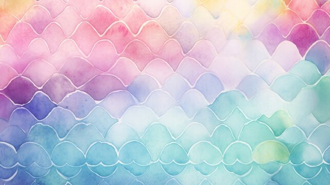 Watercolor fish scale textured background with pastel colorful iridescent hues. Lizard, fish, snake, reptile skin. Concepts of fantasy textures, iridescence, mermaid tail, rainbow backdrop