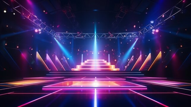 Colorful modern futuristic concert stage with dynamic neon illumination. Modern Night Club. Concept of virtual reality events, futuristic concerts, and high tech stage design.