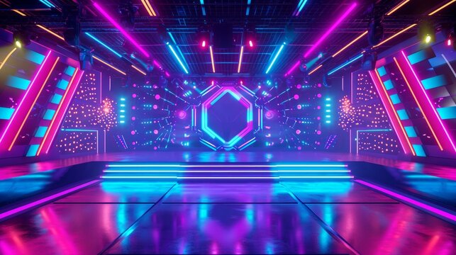 Vibrant futuristic concert stage with dynamic neon purple blue red illumination. Night Club. Concept of virtual reality events, futuristic concerts, and high tech stage design.
