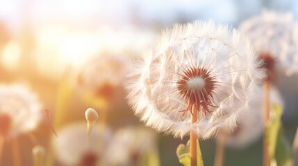 Fototapeta premium Dandelion close up with sunlight creating a bright, dreamy atmosphere. Concept of beauty of nature, dandelion seeds, abstract background, serene and calmness