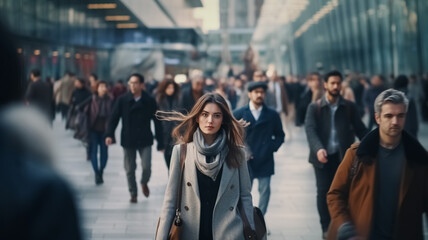 Portrait of a beautiful woman walking in modern city, long hair, stylish, dynamic movement, motion blur, cinematic colors, crowded street.	