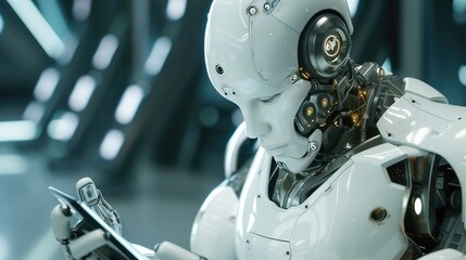 Fototapeta premium Chat bot with android body holding phone