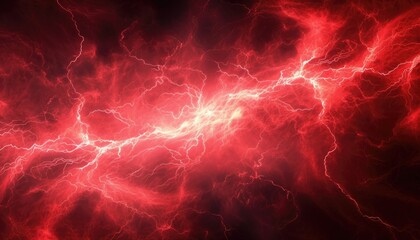 Abstract red thunder lightnings against black sky background, storm weather backdrop