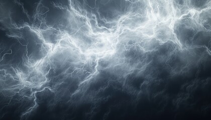 Abstract white and gray thunder lightnings against black sky background, storm weather backdrop - obrazy, fototapety, plakaty