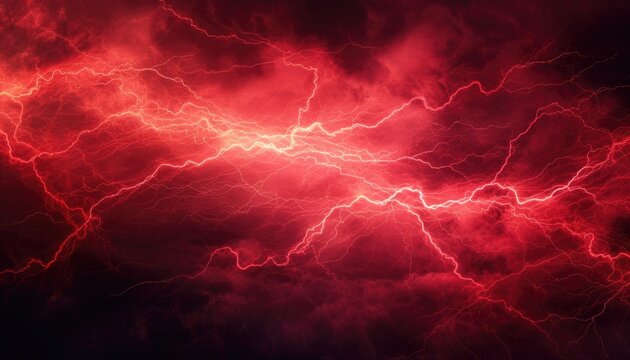 Abstract red thunder lightnings against black sky background, storm weather backdrop