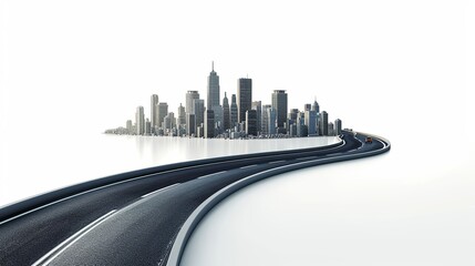 3d illustration of infinity road with skyline. design advertisement isolated. never ending road design advertisement. city skyline with piece of land isolated. bending road on white background.