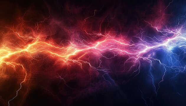Abstract coloured thunder lightnings against black sky background, storm weather backdrop