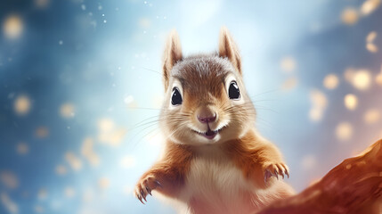 A small funny cheerful squirrel of brown and white coloring with big eyes on a blue background. Close-up