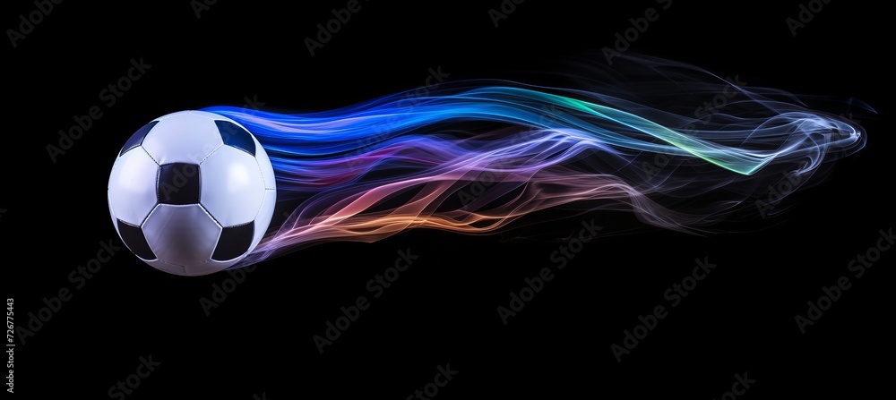Poster soccer ball exploding with vibrant smoke on black background copy space for text