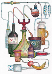 Watercolor still life with dishes and household items. Fantasy on the topic of chemical interaction of substances and liquids. A metaphorical card for associative work with a psychologist.