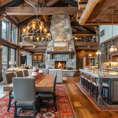 Fototapeta na wymiar Open-concept Kitchen with Central Fireplace in Rustic Setting