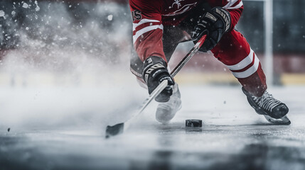 Hockey player with stick and puck - obrazy, fototapety, plakaty