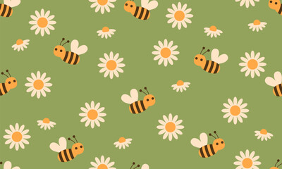 Seamless pattern with bees and flowers. Vector illustration with bees and daisies