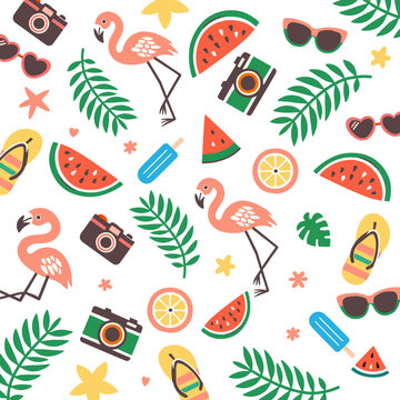 Pattern with holiday elements, watermelons, camera, flamingo, fruits, ice cream, glasses, plants