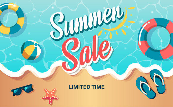 Vector advertisement of a beach with summer text, beach ball, sandals, glasses and sand