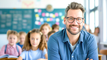 Portrait of smiling teacher in a class at elementary school
