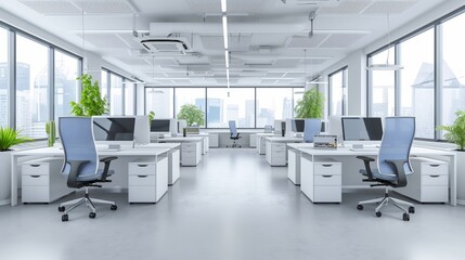 Fototapeta na wymiar Blurred background of light modern office interior with floor to ceiling windows