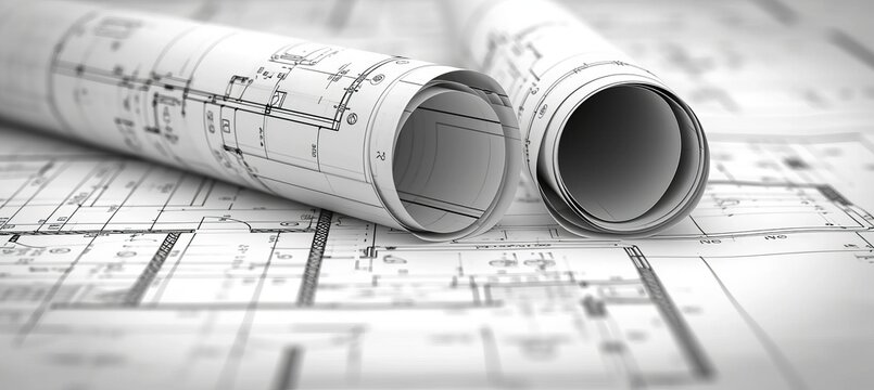 Professional large format plotter printing wide design blueprints with copy space