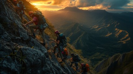 Unified team of friends climbing together, supporting each other to reach mountain peak